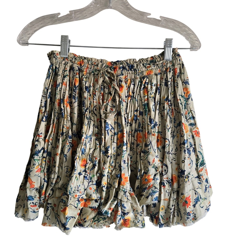 Free People S Mini Skirt Third Charm Green NEW Floral FP One Tiered Boho Frayed
